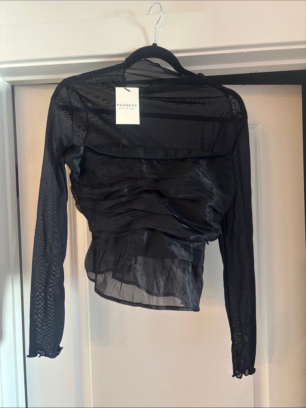 Promesa Black Sheer Ruched Long-Sleeve Mesh Top